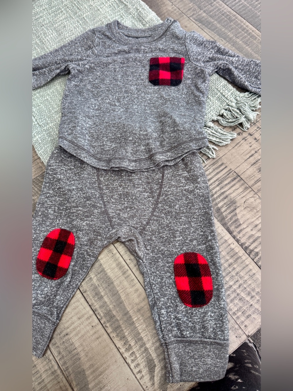 Cat & Jack Gray Two-Piece Set with Red Buffalo Plaid Patches